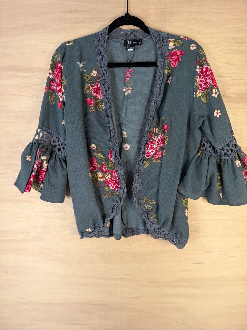 Miss Chievous Slate Green Floral Open-Front Kimono